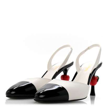 Chanel Lambskin Patent Cap Toe CC Apple Slingback Pumps 38.5 White Black 4 of 10