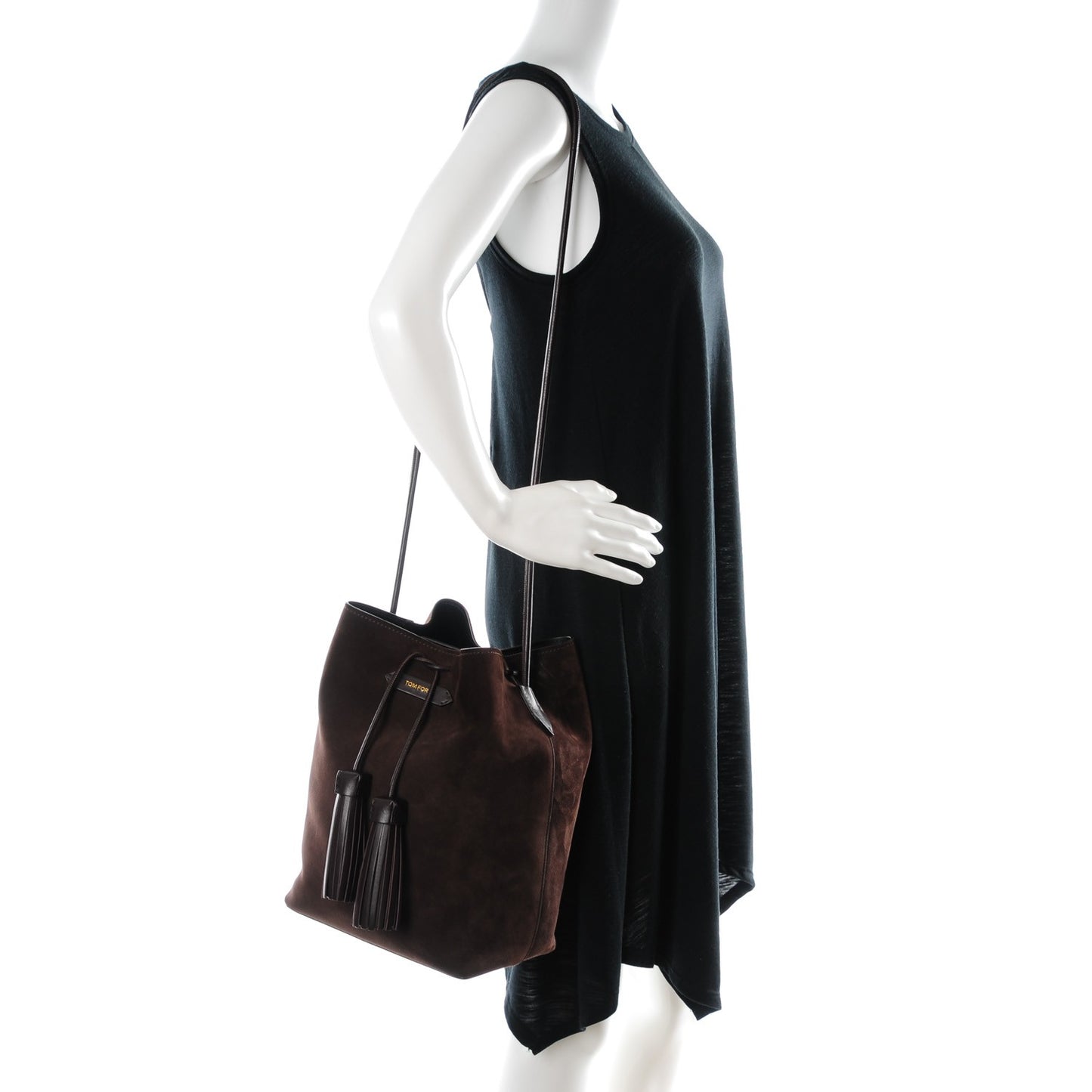 Suede Medium Double Tassel Bucket Bag Dark Brown