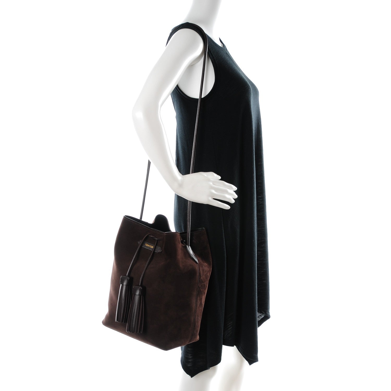 Tom Ford Suede Medium Double Tassel Bucket Bag Dark Brown 2 of 8