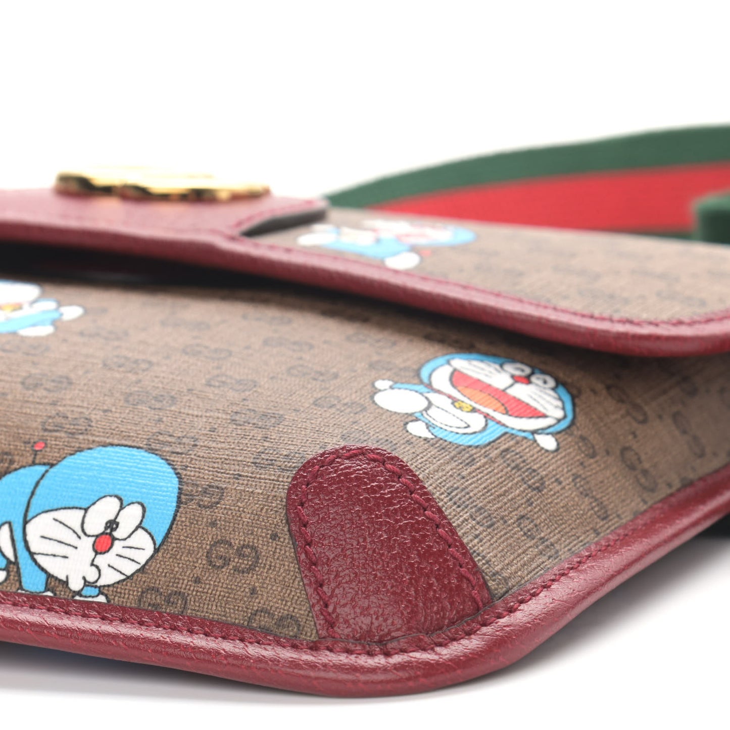 X DORAEMON Mini Vintage GG Supreme Monogram Web Slim Belt Bag Beige Cherry Red