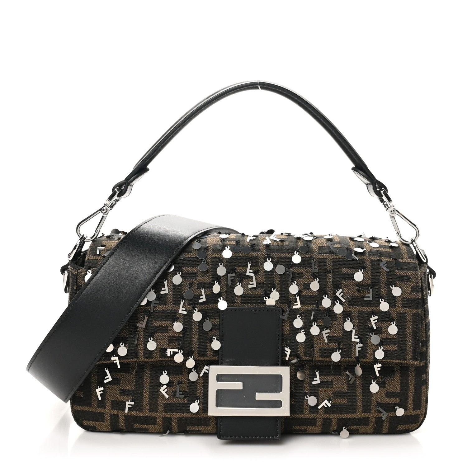 Fendi Fabric Jacquard F Paillettes Vitello Cover FF 1974 Embroidered Baguette Tobacco Moro Argento 1 of 10