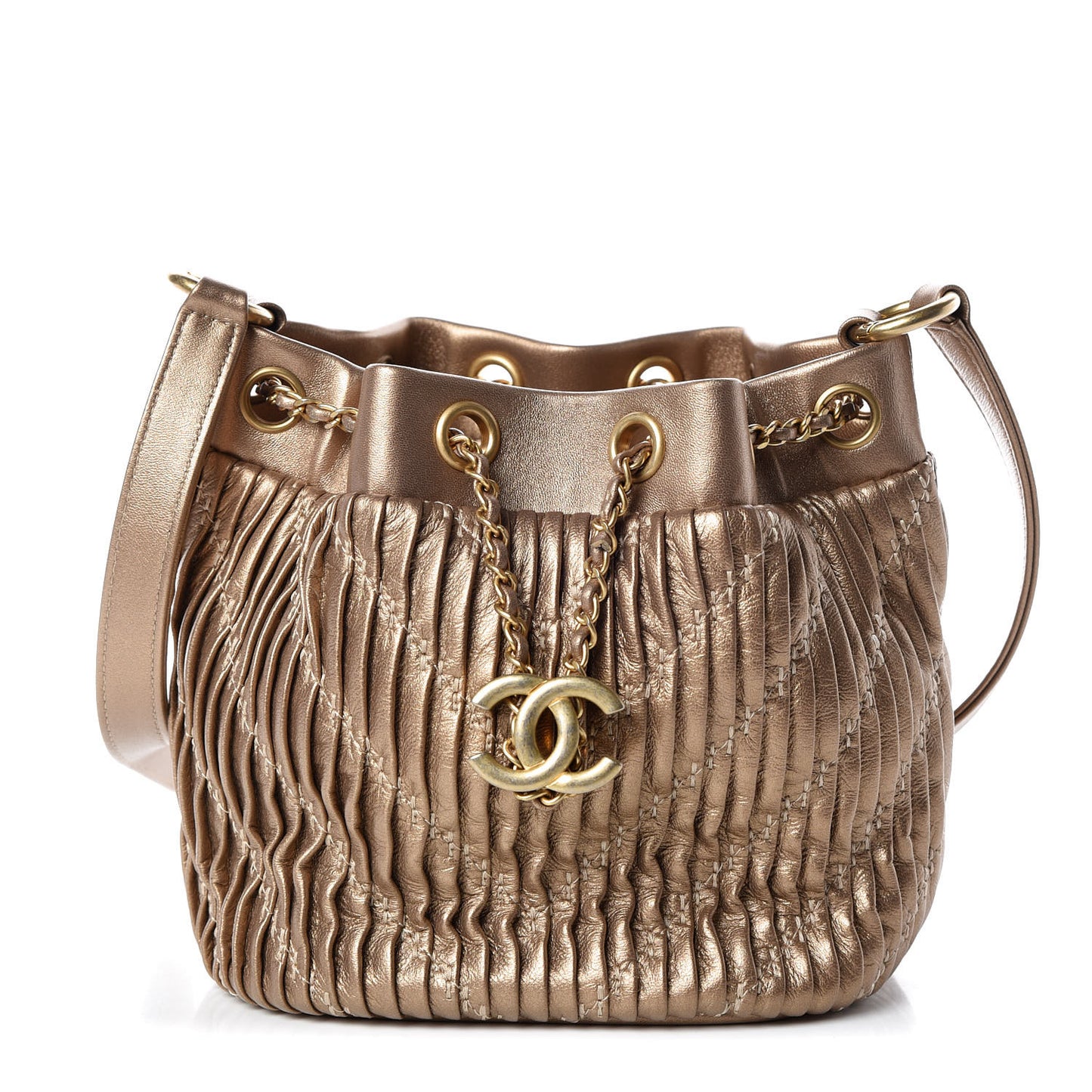 Metallic Lambskin Coco Pleats Small Drawstring Bag Gold
