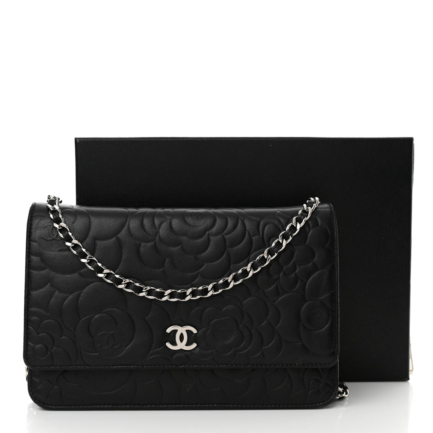 Lambskin Camellia Embossed Wallet on Chain WOC Black