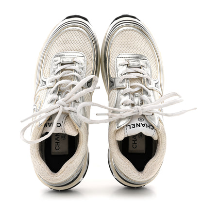 Chanel Fabric Laminated Calfskin Stretch CC Sneakers 36.5 White Silver 2 of 10