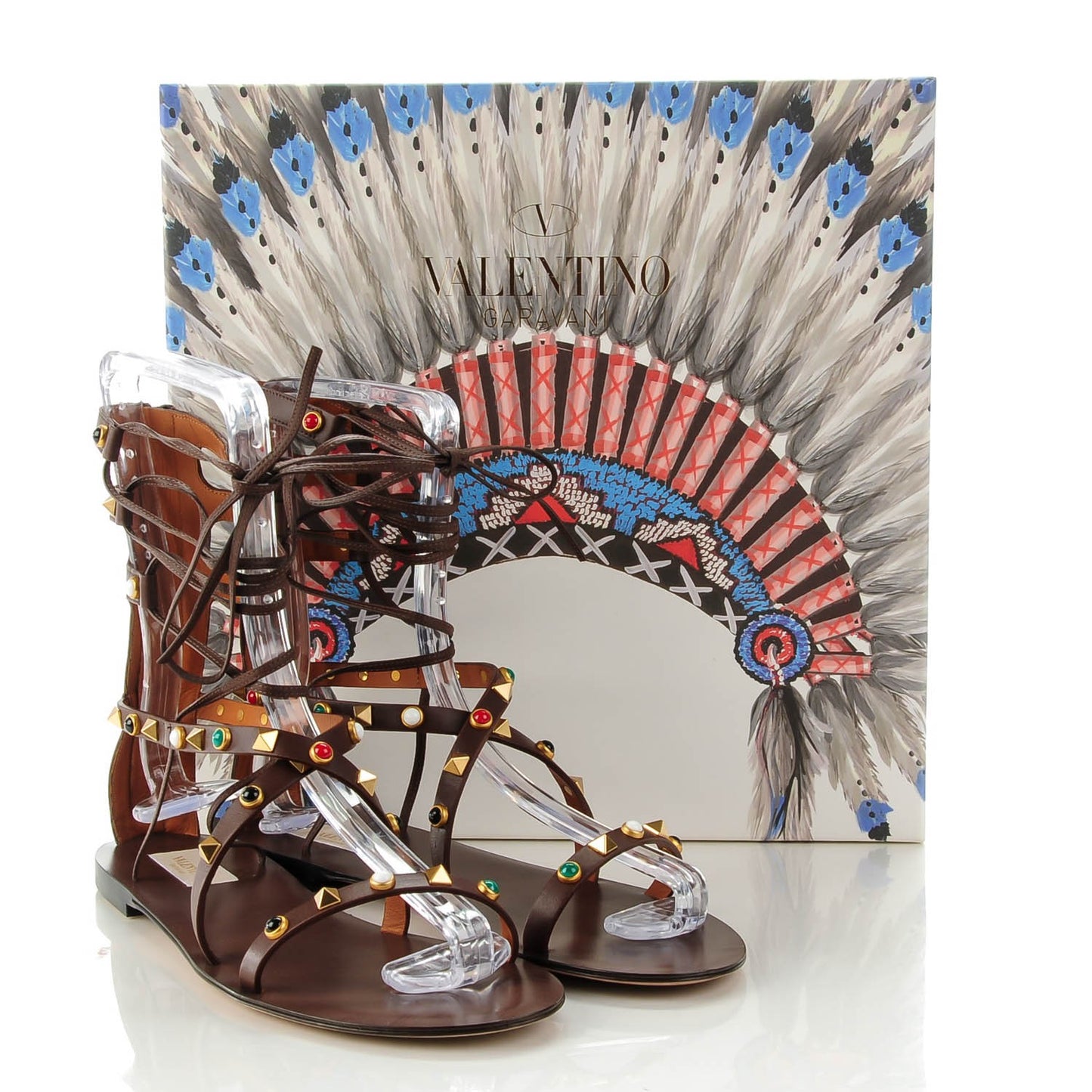 Calfskin Rockstud Rolling Cabochon Gladiator Flat Sandals 40 Cacao