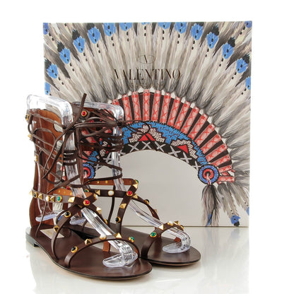 Valentino Garavani Calfskin Rockstud Rolling Cabochon Gladiator Flat Sandals 40 Cacao 5 of 7