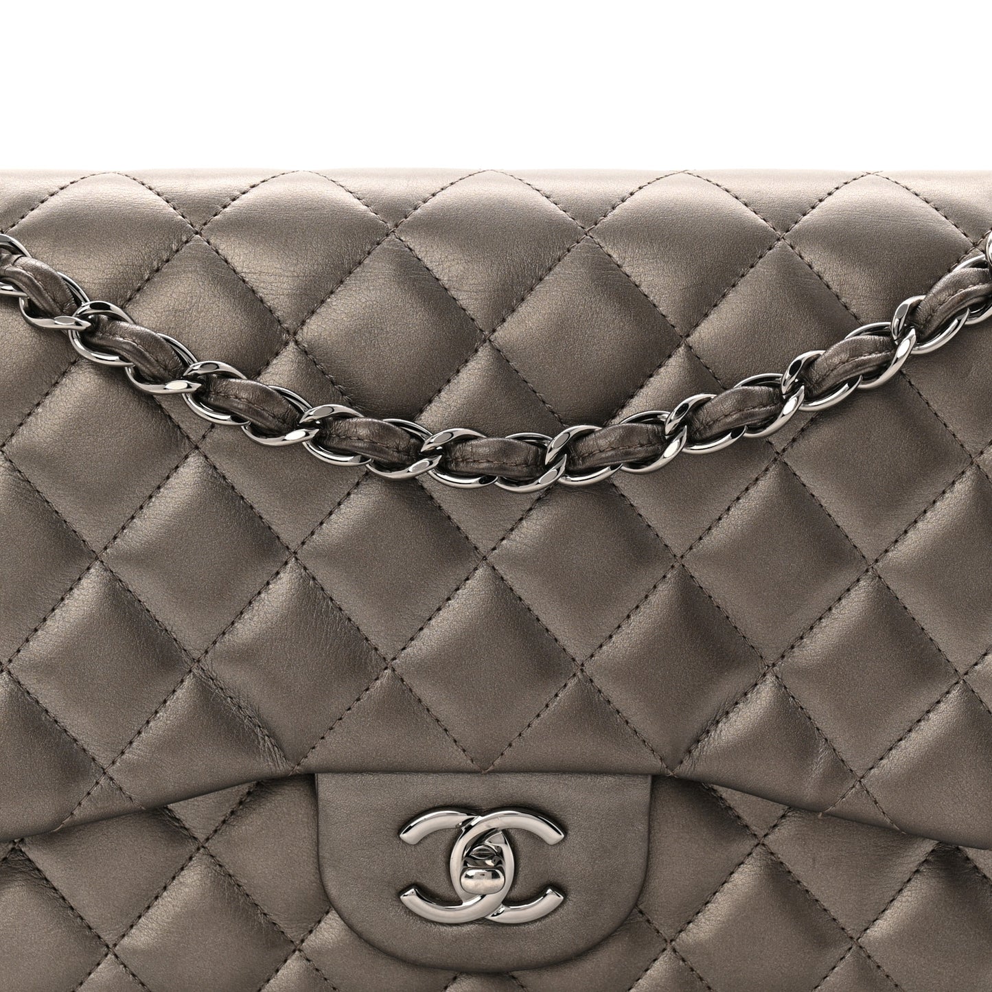 Metallic Lambskin Quilted Jumbo Double Flap Pewter
