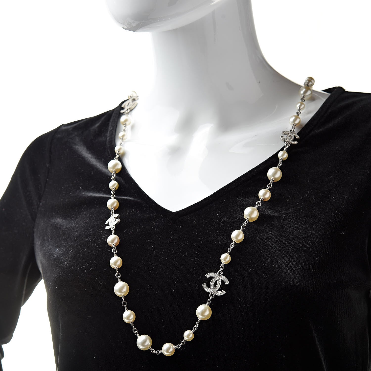 Chanel Graduated Pearl Crystal CC Long Necklace Silver 2 of 4