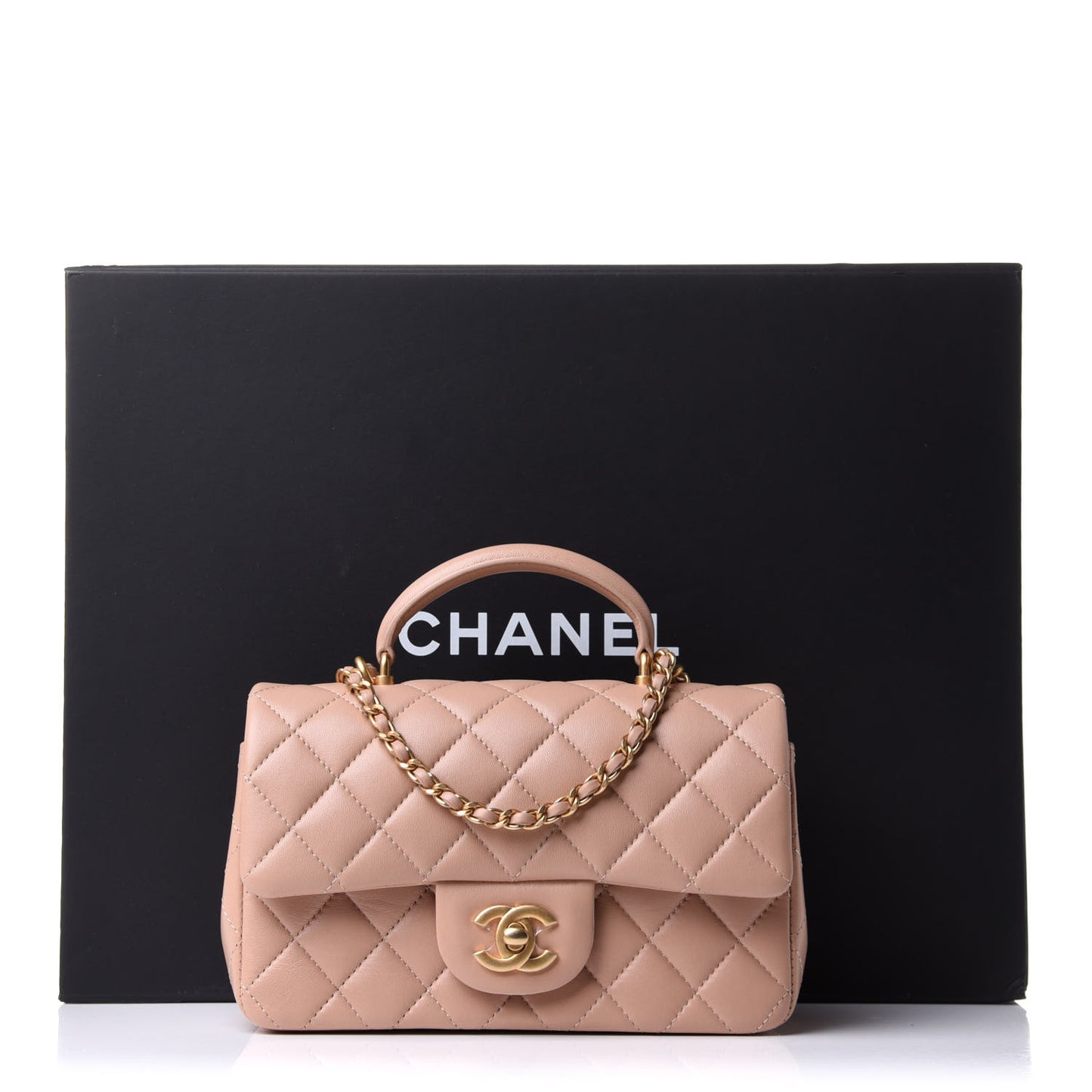 Lambskin Quilted Mini Top Handle Rectangular Flap Beige