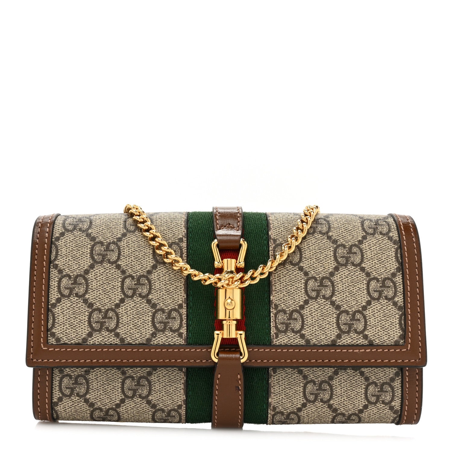 Gucci GG Supreme Monogram Azalea Calfskin Web Jackie 1961 Chain Wallet Beige Ebony Brown Sugar 1 of 13