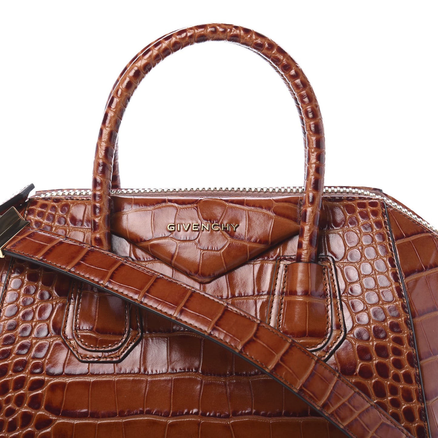 Calfskin Crocodile Embossed Small Antigona Cognac