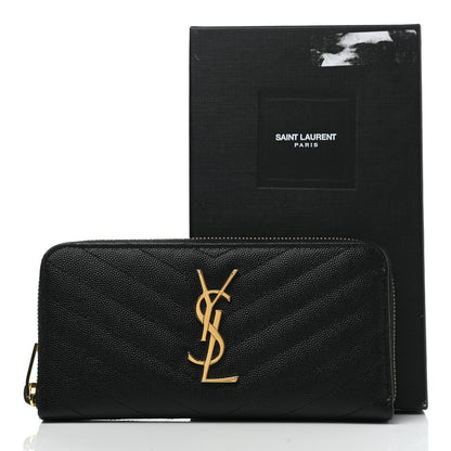 Saint Laurent Grain De Poudre Matelasse Chevron Monogram Zip Around Wallet Black 10 of 10