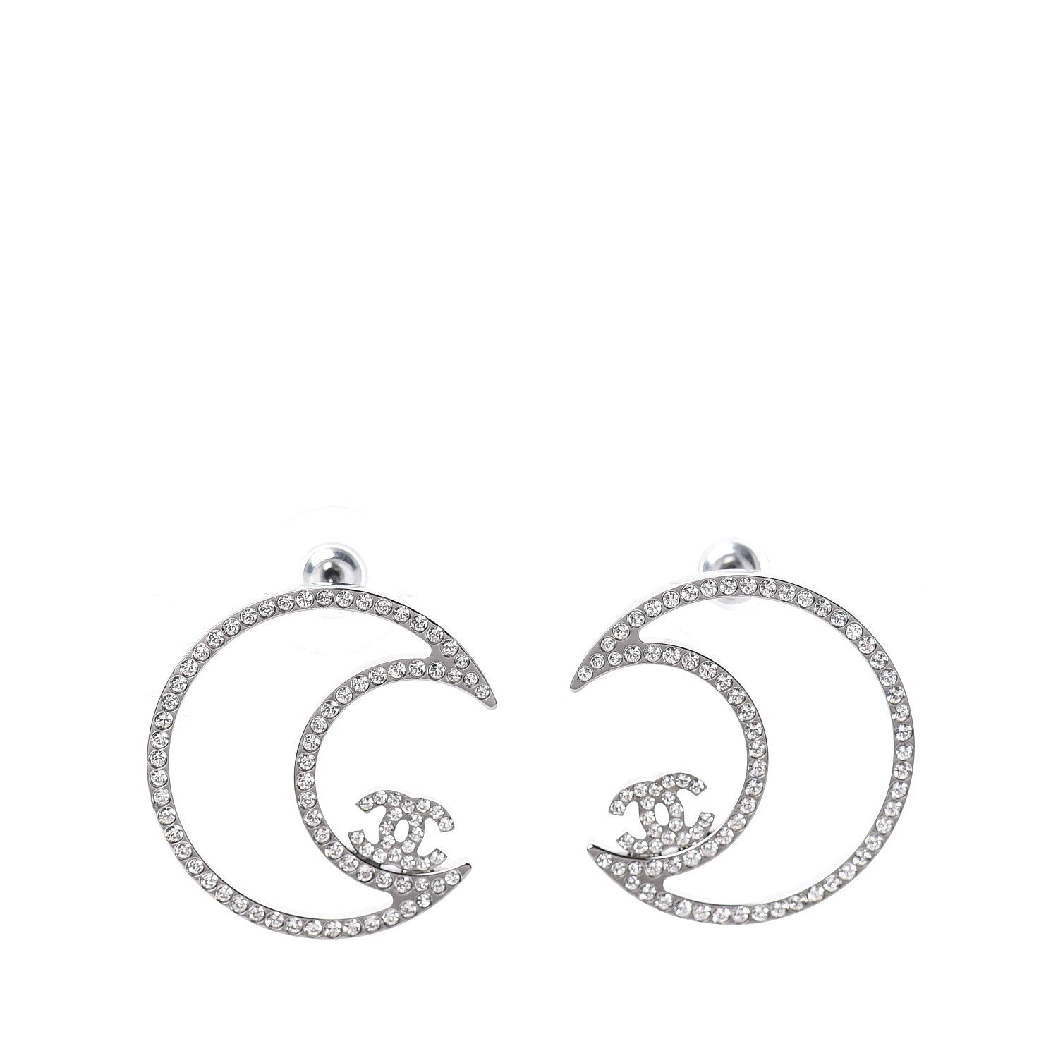 Chanel Strass Crystal CC Moon Earrings Silver 1 of 5