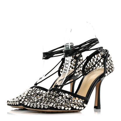 Bottega Veneta Mesh Nappa Crystal Embellished Sparkle Stretch Ankle Tie Sandals 36 Black 3 of 9
