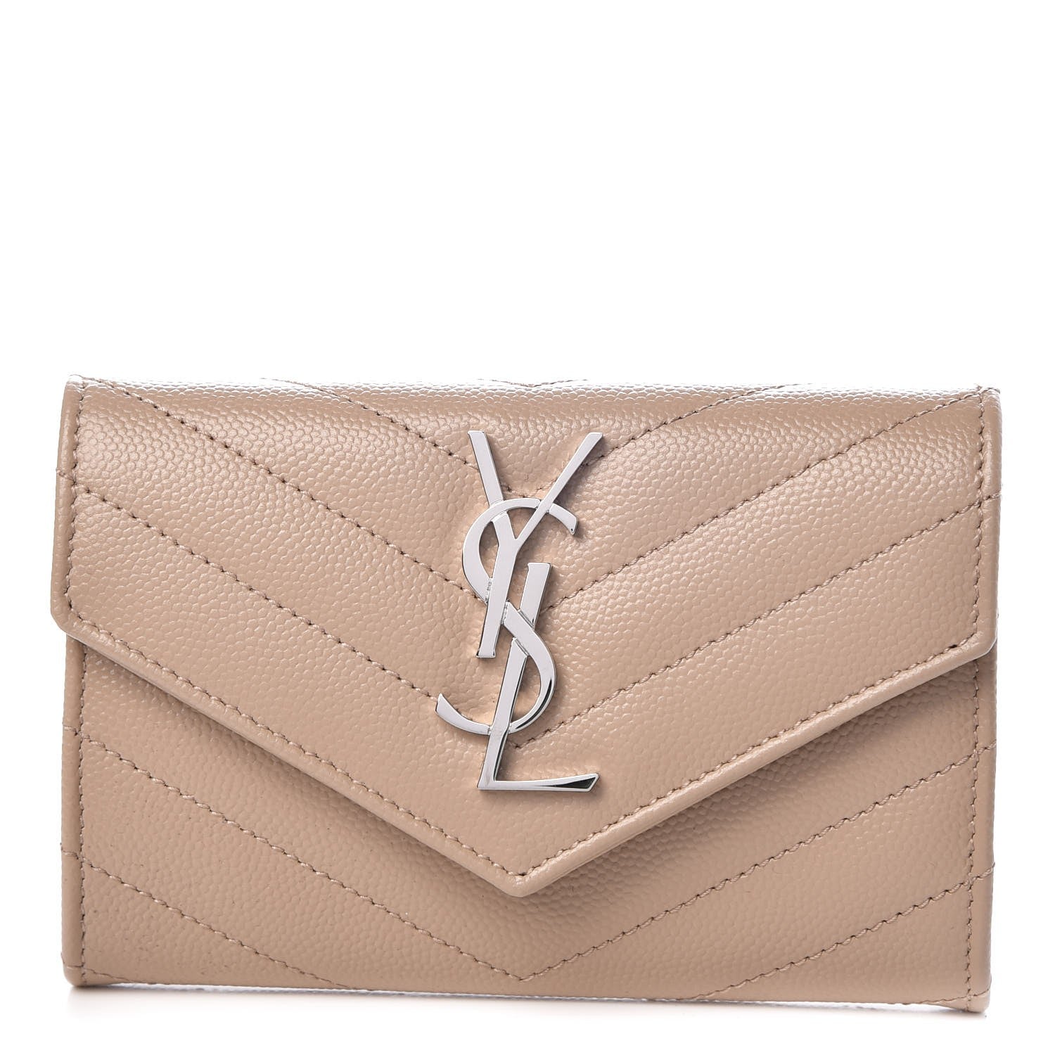 Saint Laurent Grain De Poudre Matelasse Chevron Small Monogram Envelope Wallet Dark Beige 1 of 8