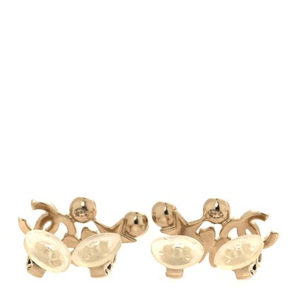 Chanel Crystal Pearl CC Star Clover Clip On Earrings Gold Pearly White 3 of 5