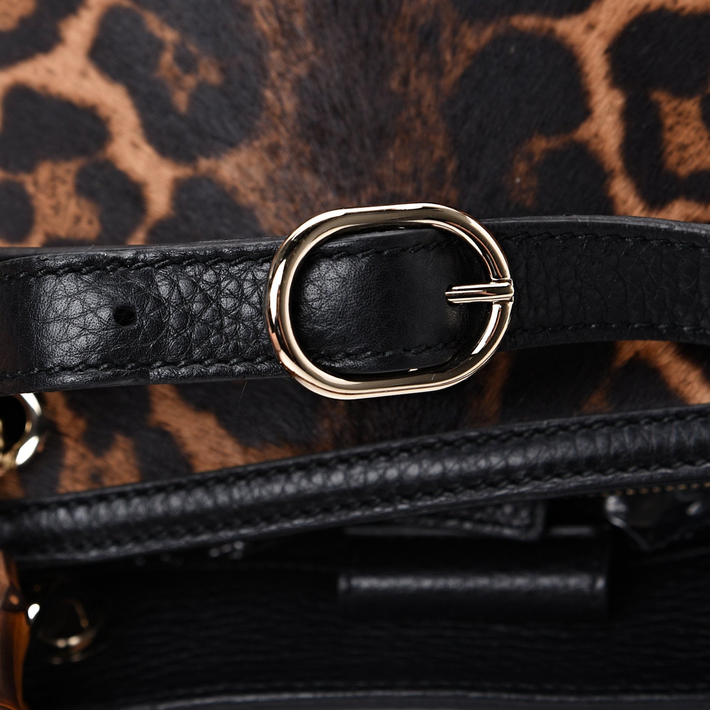 Calf Hair Leopard Print Large Bamboo Shopper Tote Black