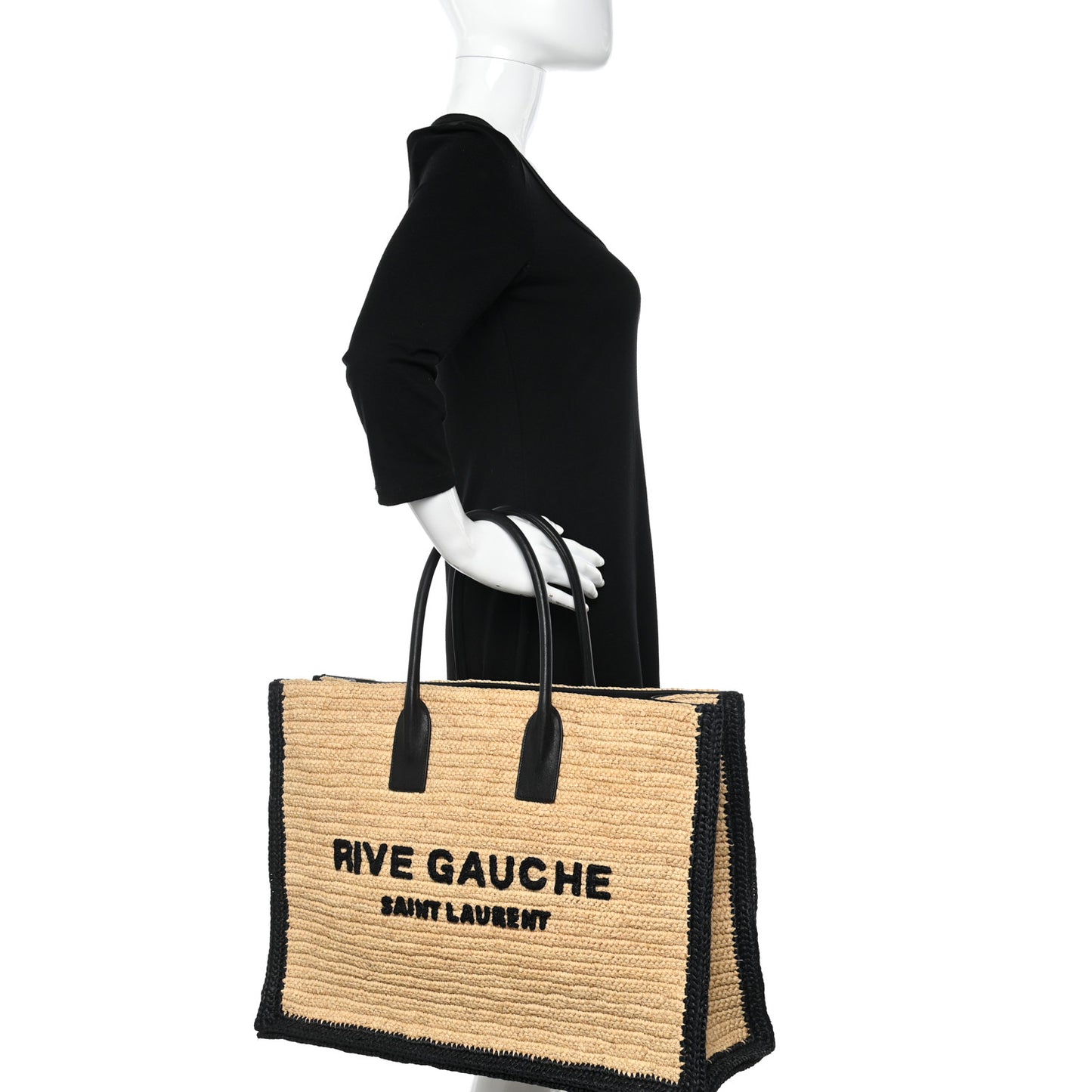 Raffia Calfskin Rive Gauche Tote Naturale Black
