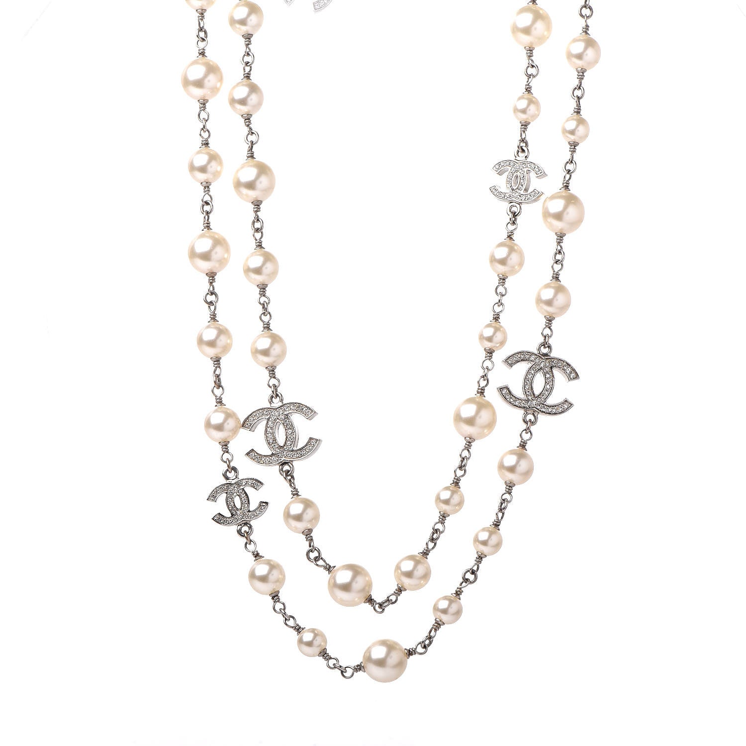 Chanel Graduated Pearl Crystal CC Long Necklace Silver 1 of 5