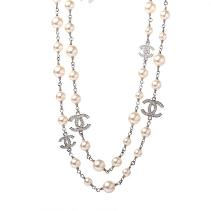 Chanel Graduated Pearl Crystal CC Long Necklace Silver 1 of 5