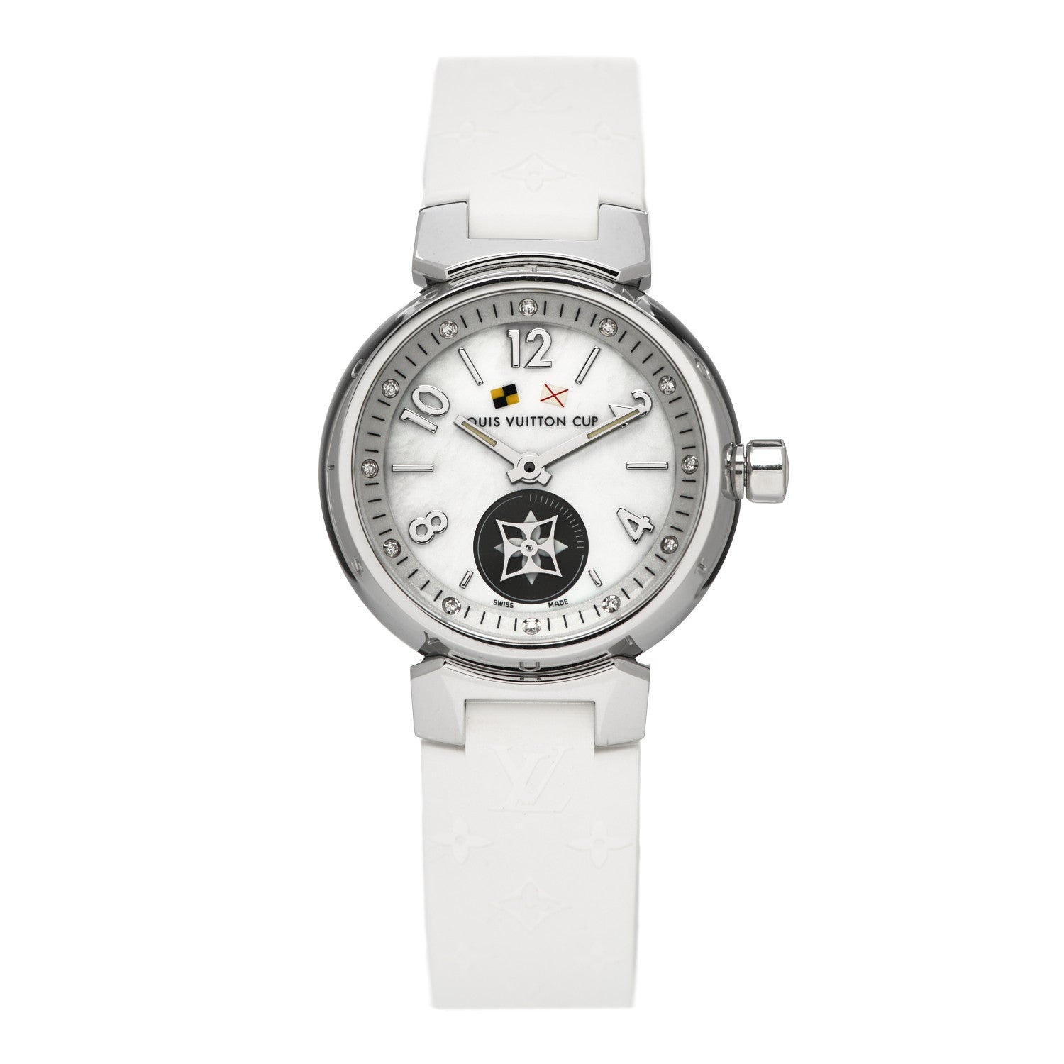 Louis Vuitton Stainless Steel Rubber Diamond Mother of Pearl 28mm Tambour Lovely Cup Quartz Watch 1 of 5