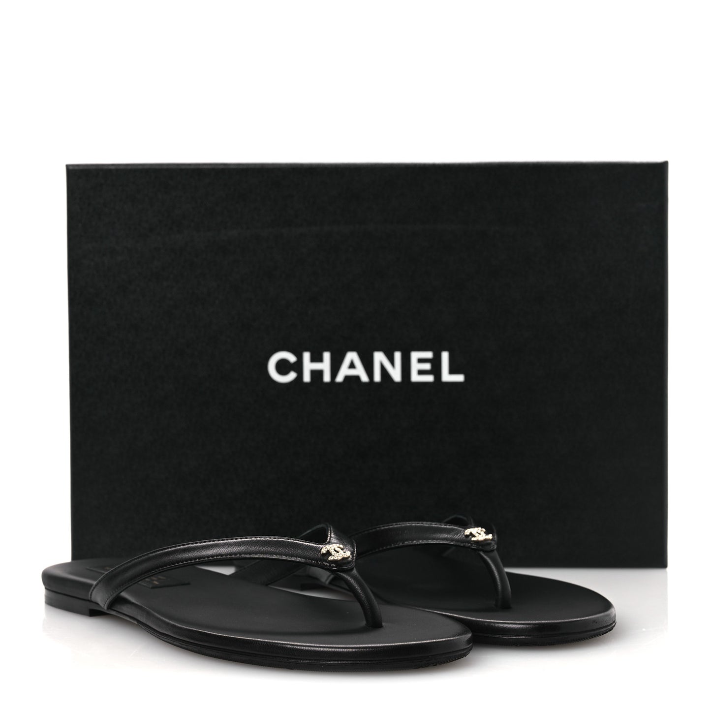 Shiny Lambskin Crystal CC Thong Sandals 38.5 Black