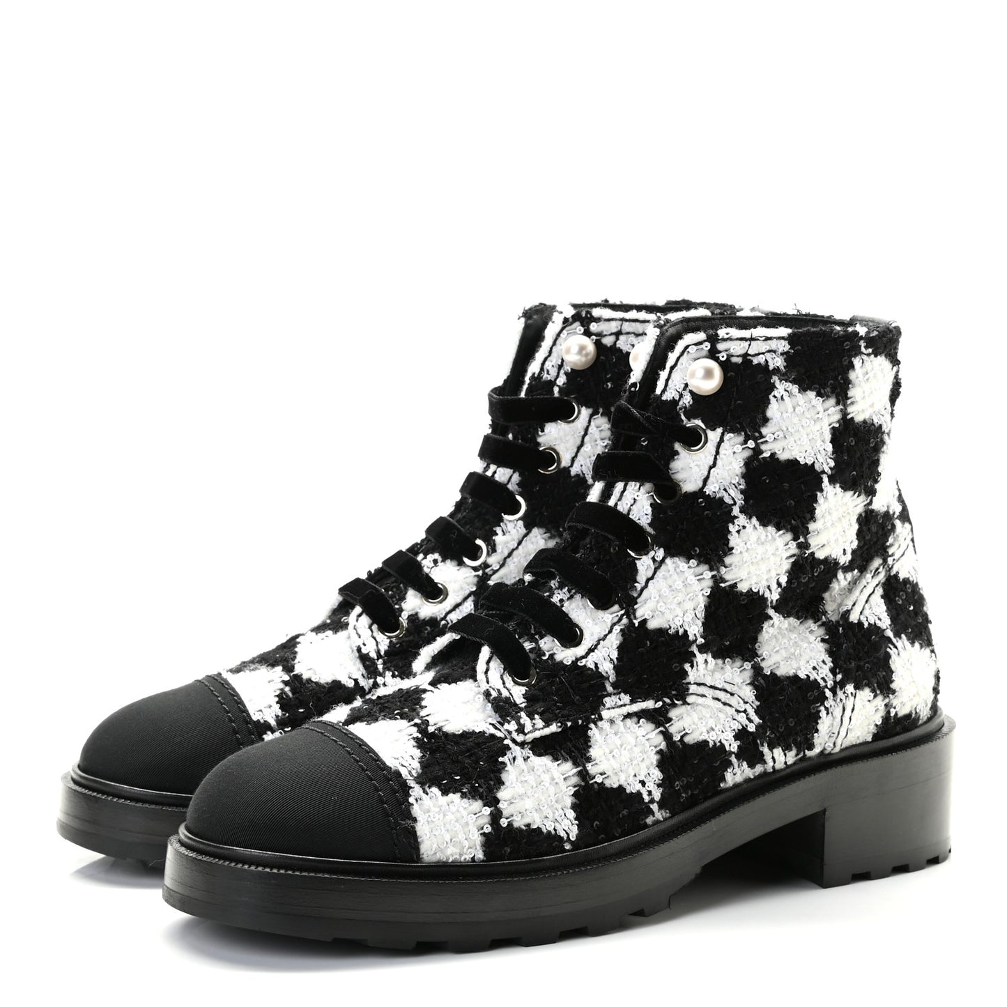 Tweed Grosgrain Pearl Combat Short Boots 40.5 White Black