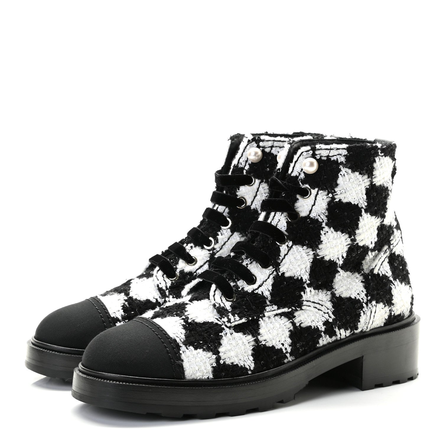 Chanel Tweed Grosgrain Pearl Combat Short Boots 40.5 White Black 2 of 11