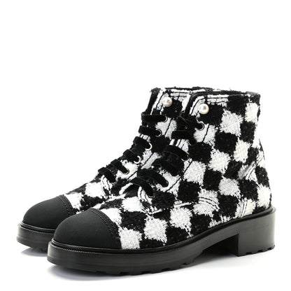 Chanel Tweed Grosgrain Pearl Combat Short Boots 40.5 White Black 2 of 11