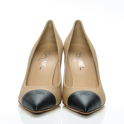 Chanel Calfskin Cap Toe Chain Wedge Pumps 39.5 Marron Clair Black 2 of 7