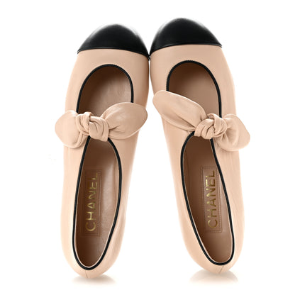 Chanel Lambskin Bow Mary Jane Flats 36 Light Blue Black 40 Beige Black 37.5 Beige Black 2 of 9