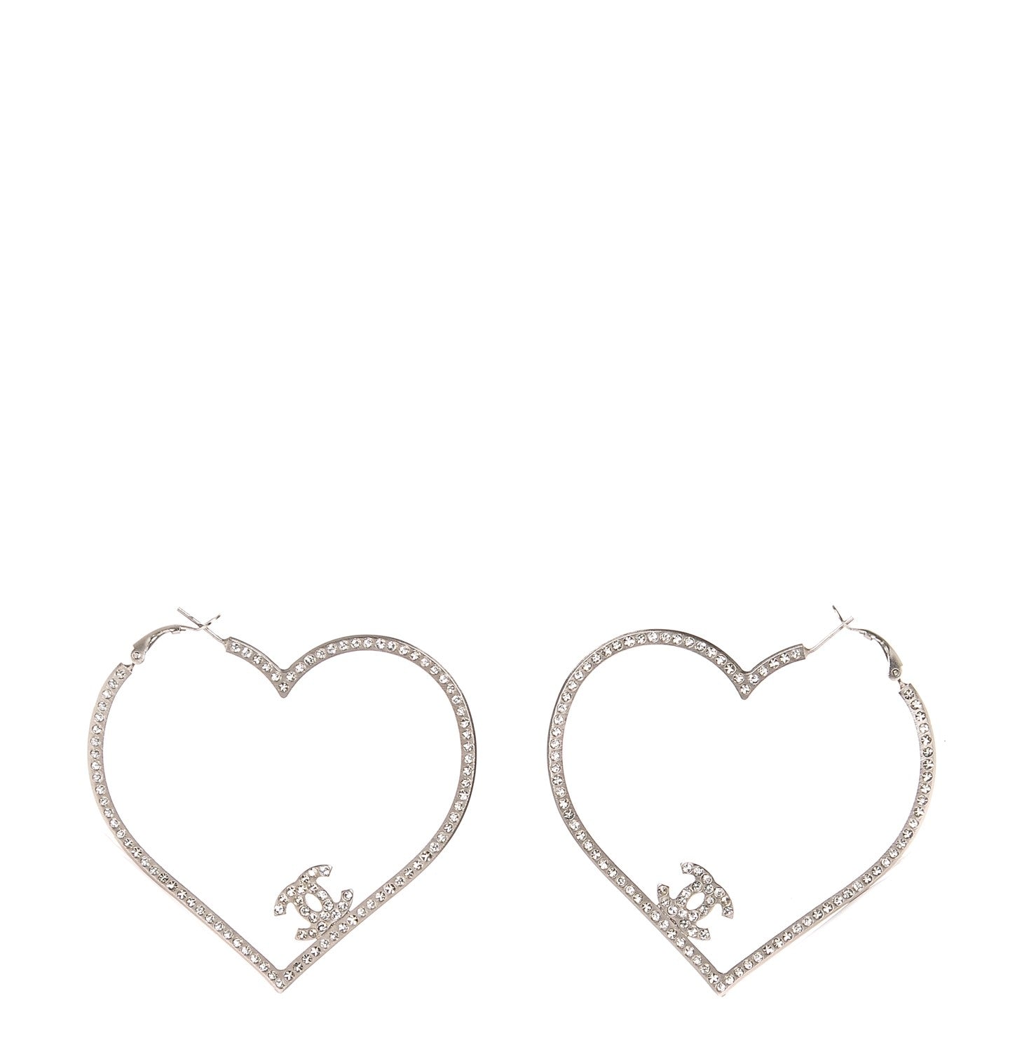 Chanel Swarovski Crystal CC Heart Hoop Earrings Silver 1 of 4