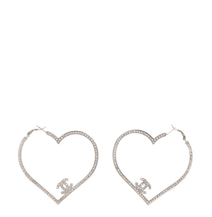Chanel Swarovski Crystal CC Heart Hoop Earrings Silver 1 of 4
