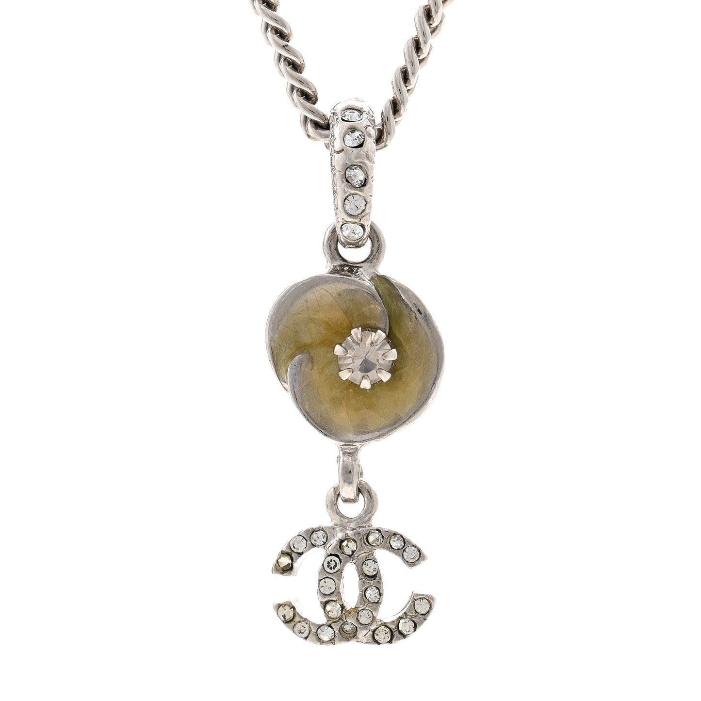 Metal Resin Crystal CC Camellia Necklace Silver