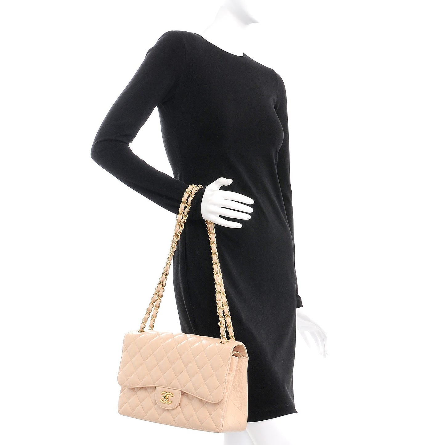 Caviar Quilted Jumbo Double Flap Beige Clair