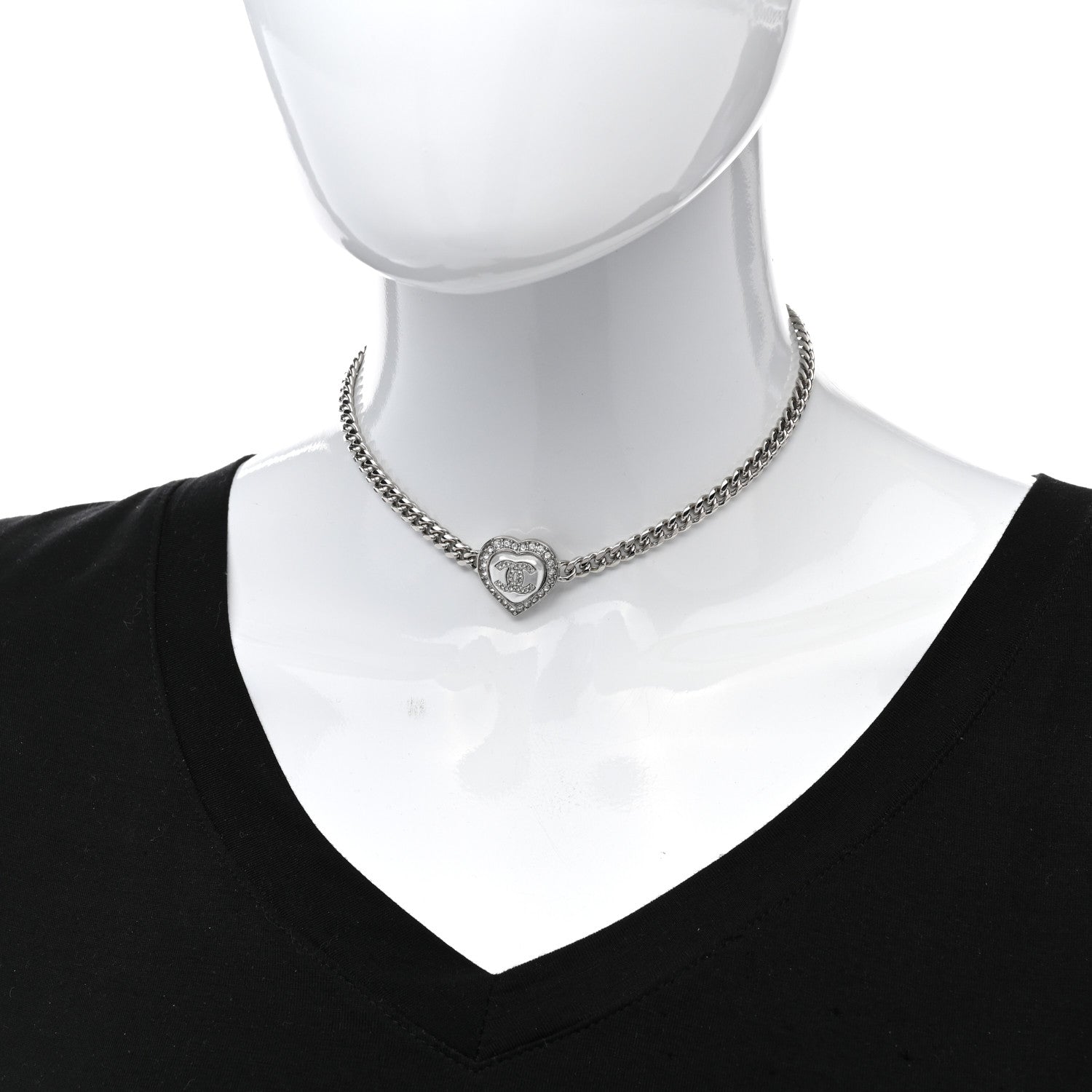Chanel Pearl Crystal CC Heart Choker Necklace Silver Blue Gold 2 of 5
