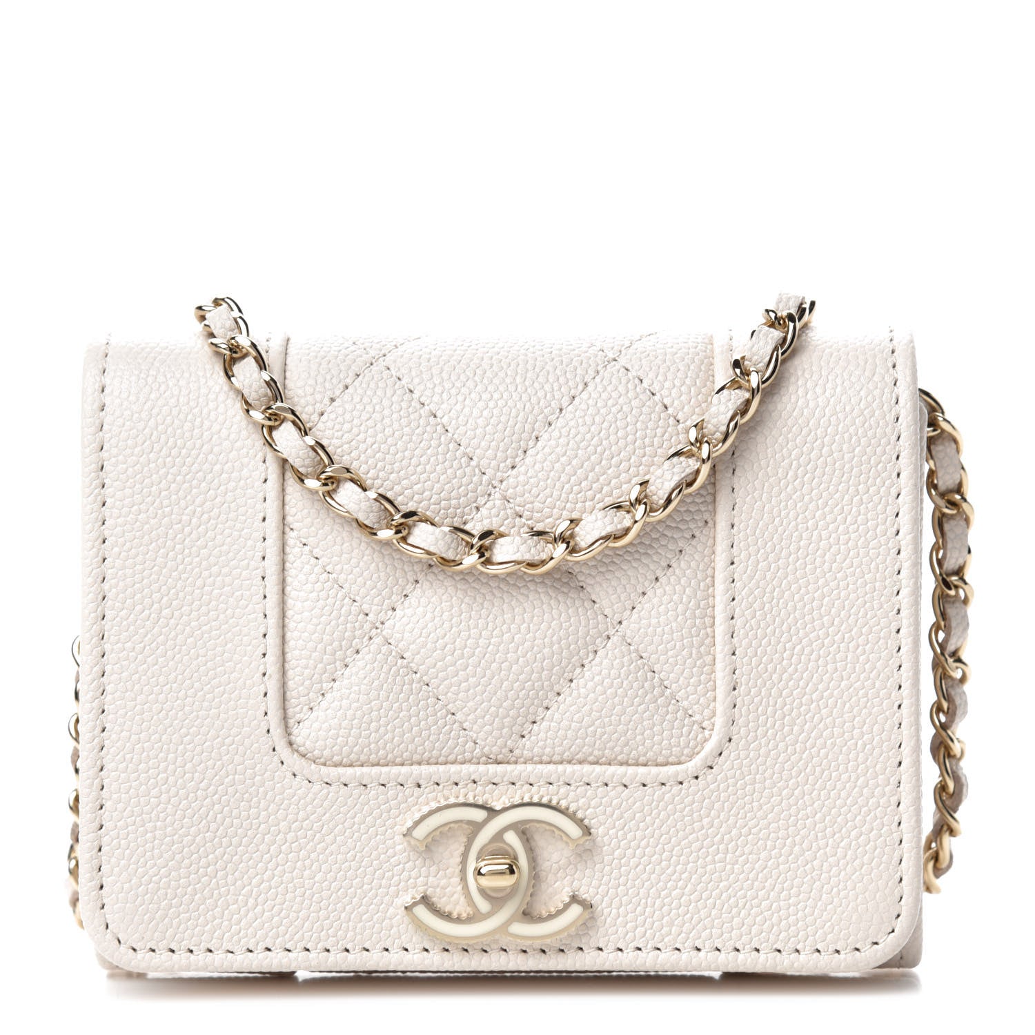 Chanel Caviar Quilted Vintage Mademoiselle Card Holder On Chain White 1 of 11