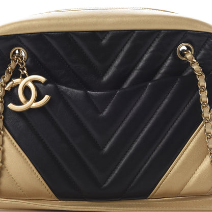 Chanel Lambskin Sheepskin Chevron Camera Case Black Gold 8 of 11