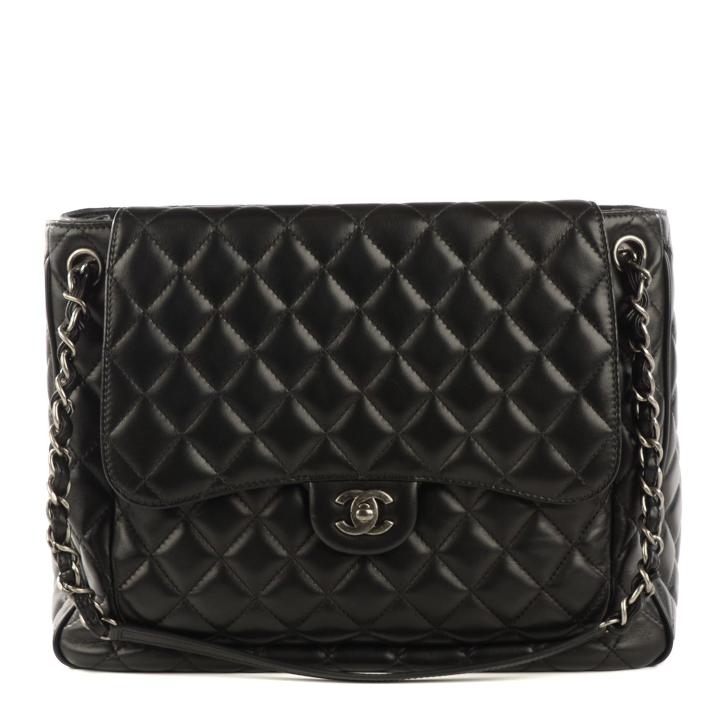 Lambskin Quilted Front Flap Tote Black