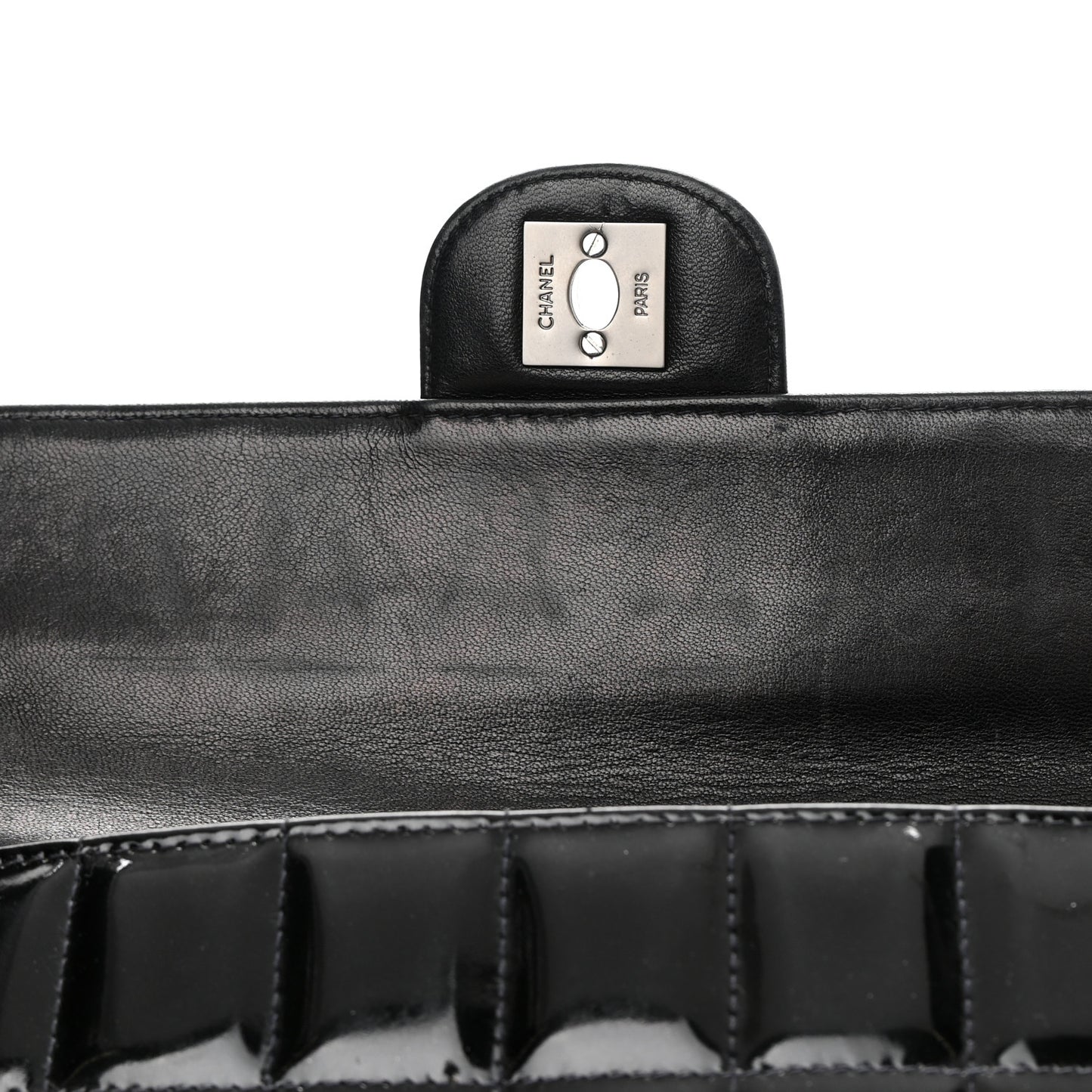 Patent Quilted East West Chocolate Bar Flap Black