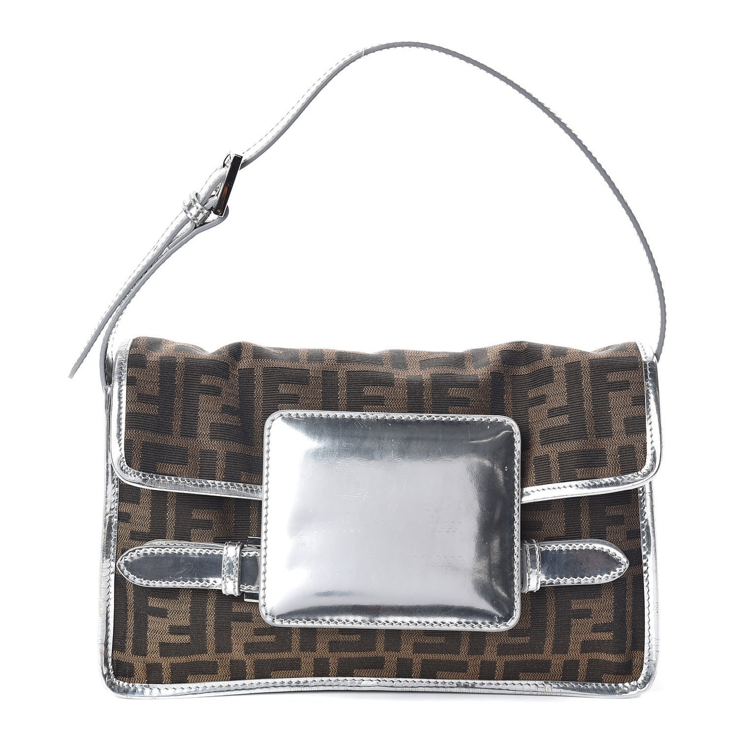 Metallic Calfskin Zucca Shoulder Bag Silver Tobacco