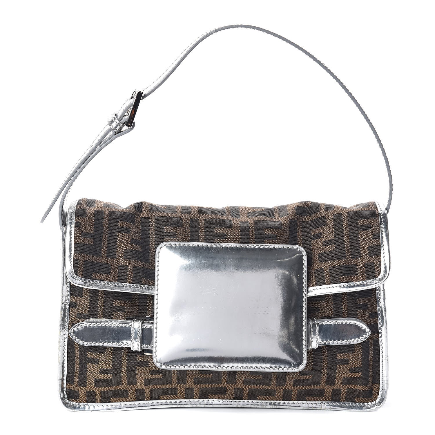 Fendi Metallic Calfskin Zucca Shoulder Bag Silver Tobacco 1 of 9