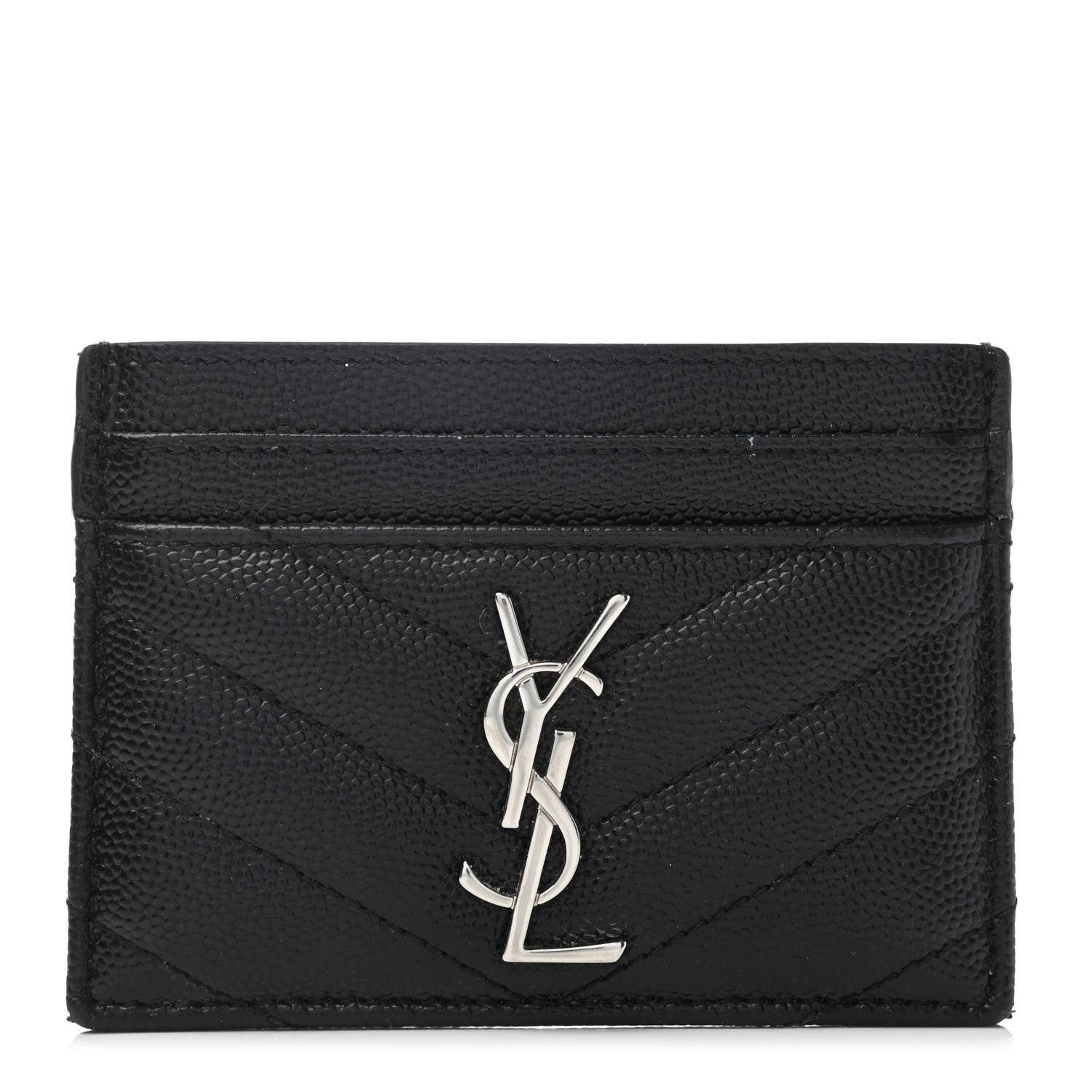 Saint Laurent Grain De Poudre Matelasse Chevron Monogram Credit Card Case Black 1 of 4