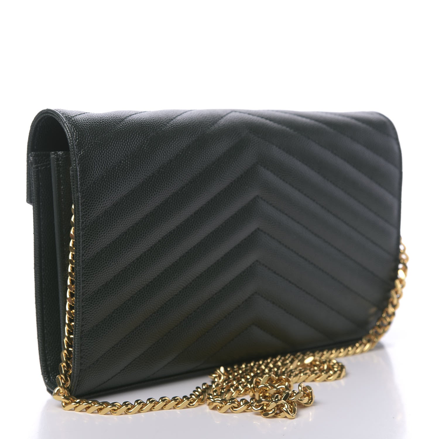 Saint Laurent Grain De Poudre Matelasse Chevron Monogram Chain Wallet Dark Green 3 of 10