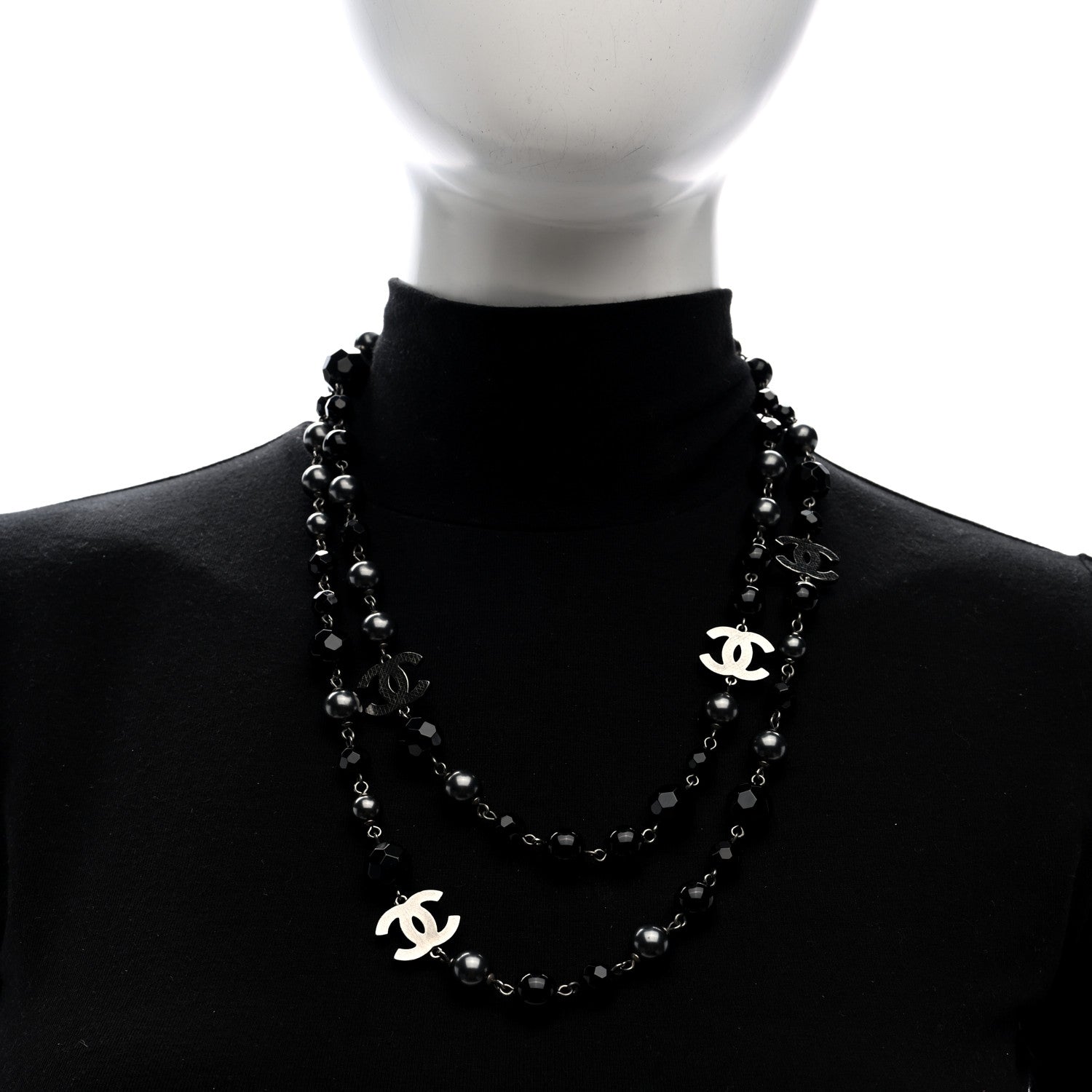 Chanel Pearl Bead Enamel CC Long Necklace Silver Black Grey 2 of 5