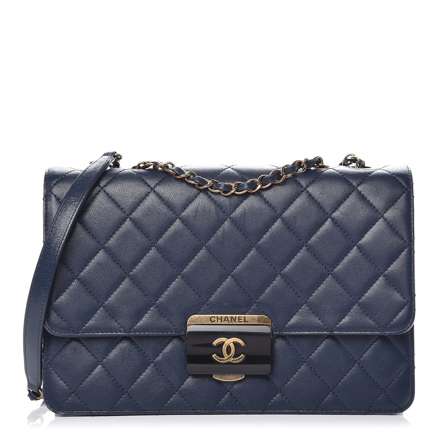 Sheepskin Quilted Large Beauty Lock Flap Navy Blue