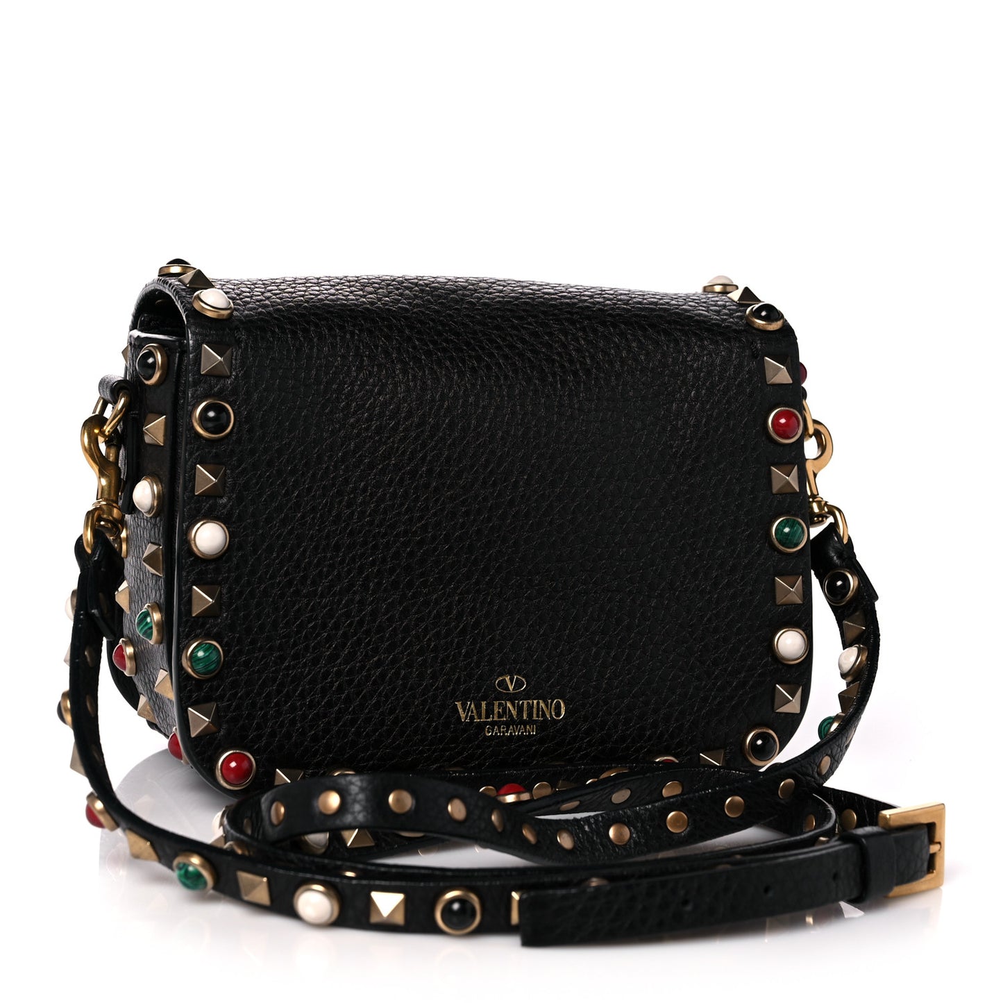 Pebbled Calfskin Rockstud Rolling Flip Lock Crossbody Bag Black