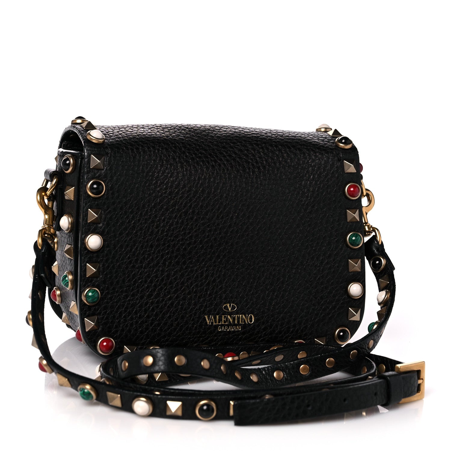 Valentino Garavani Pebbled Calfskin Rockstud Rolling Flip Lock Crossbody Bag Black 3 of 14