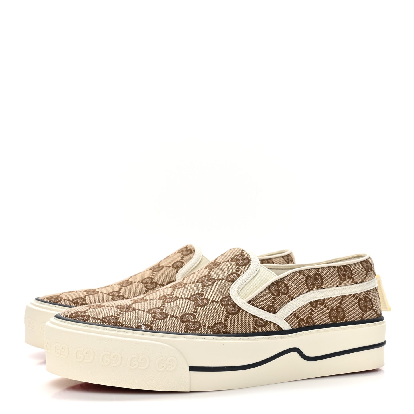 GG Monogram Womens 1977 Tennis Slip On 30mm Sneakers 38.5 Beige Ebony Mystic White