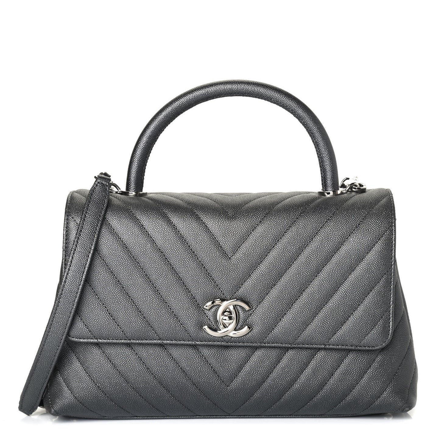 Iridescent Caviar Chevron Quilted Small Coco Handle Flap Black